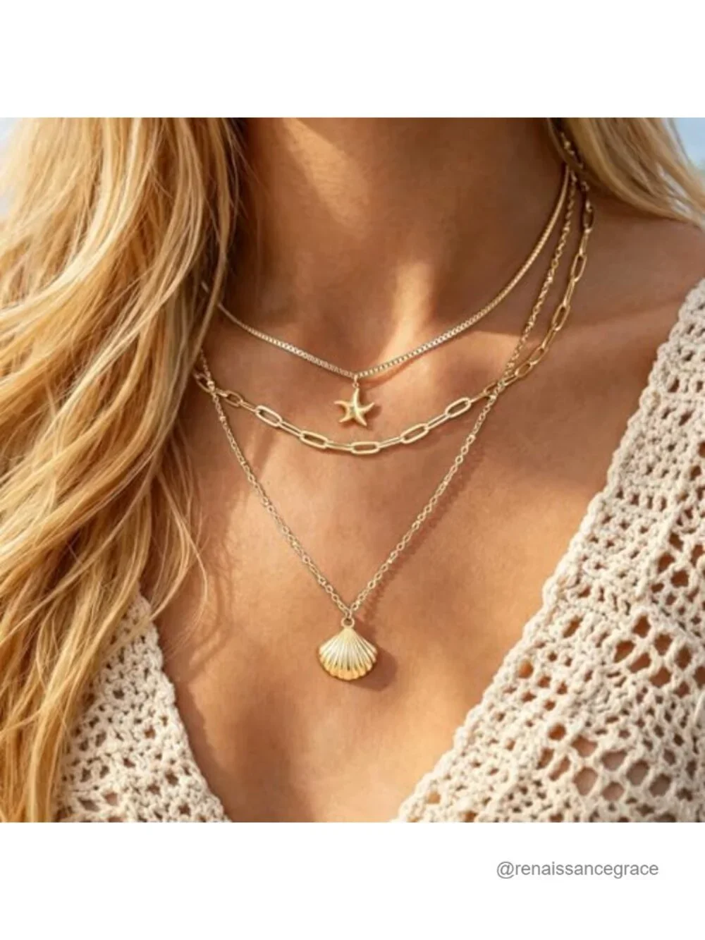 14K Gold Plated Starfish Seashell Layered Necklace Stack for Women